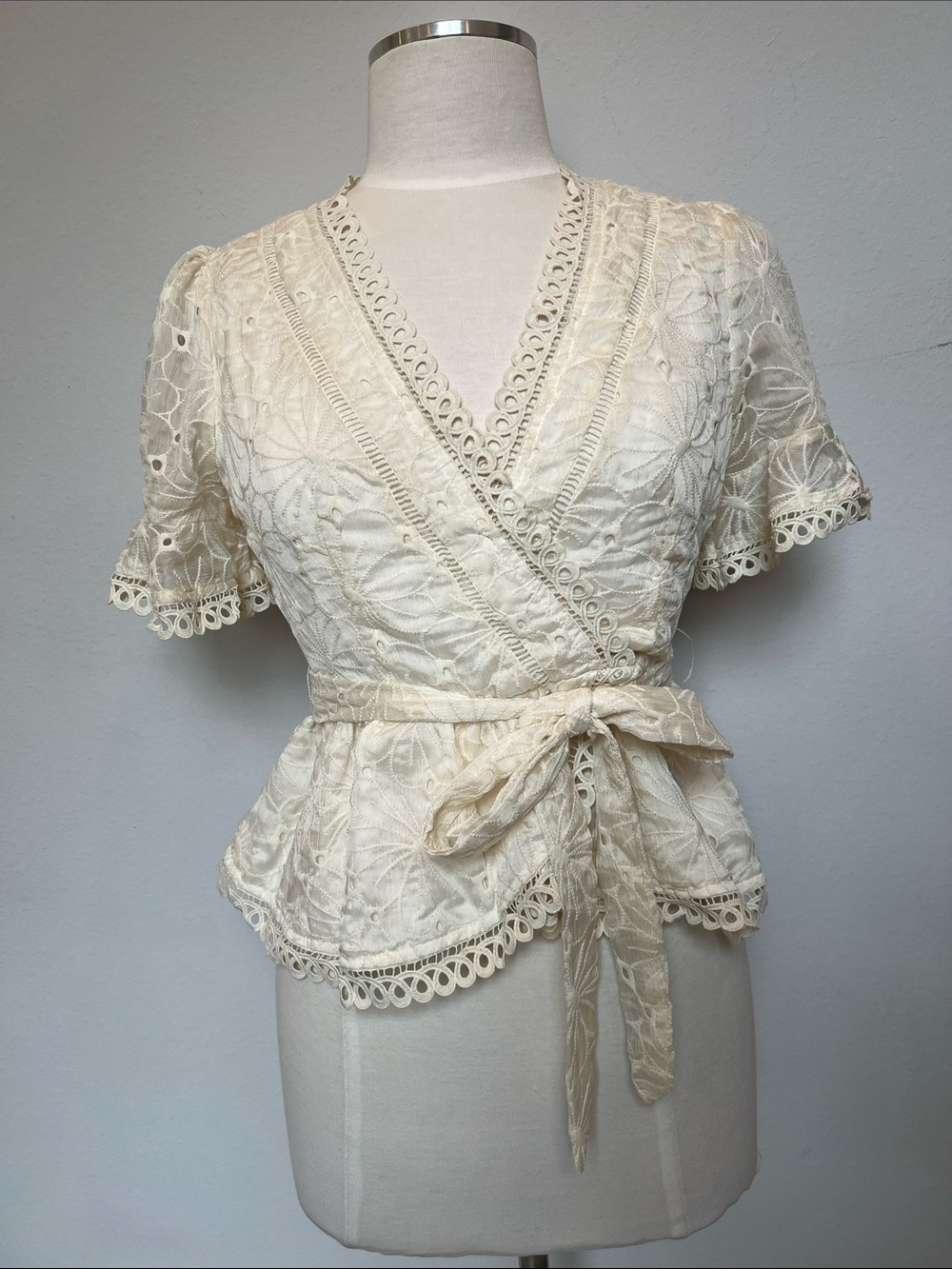 Lulu's Cream Lace Wrap Peplum Blouse